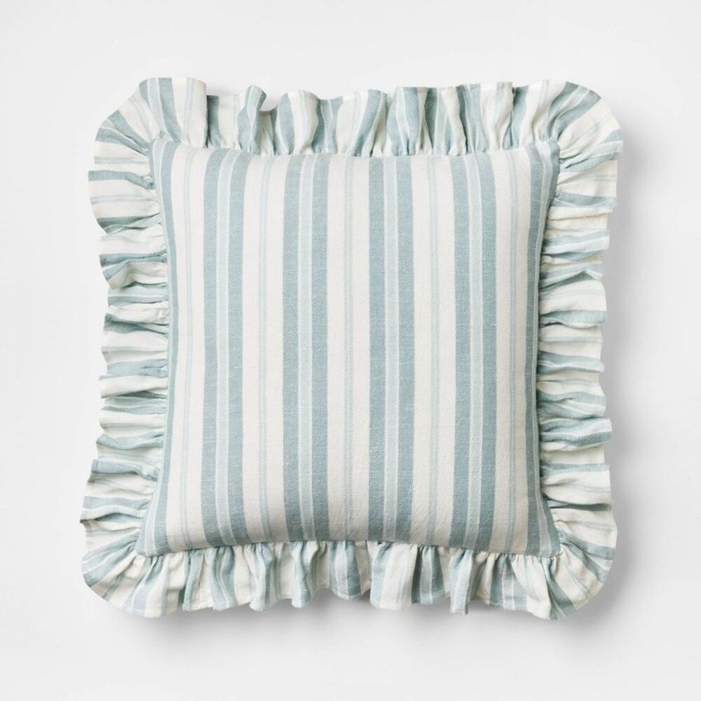 Square Woven Stripe Throw Pillow with Ruffle Blue/ Blue/Ivory